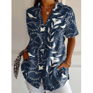 Women Floral Short Sleeve Shirt Summer Printing Shirt Collar Daily Casual Top