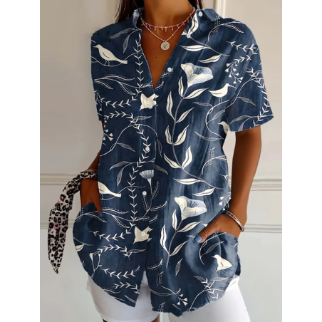 Women Floral Short Sleeve Shirt Summer Printing Shirt Collar Daily Casual Top