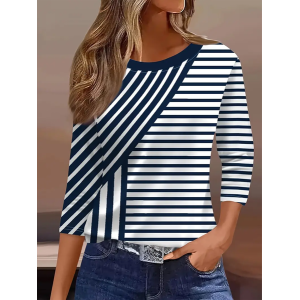 Women Striped Three Quarter Sleeve Tee T-shirt Crew Neck Casual Spring/Fall Graphic Tee Top
