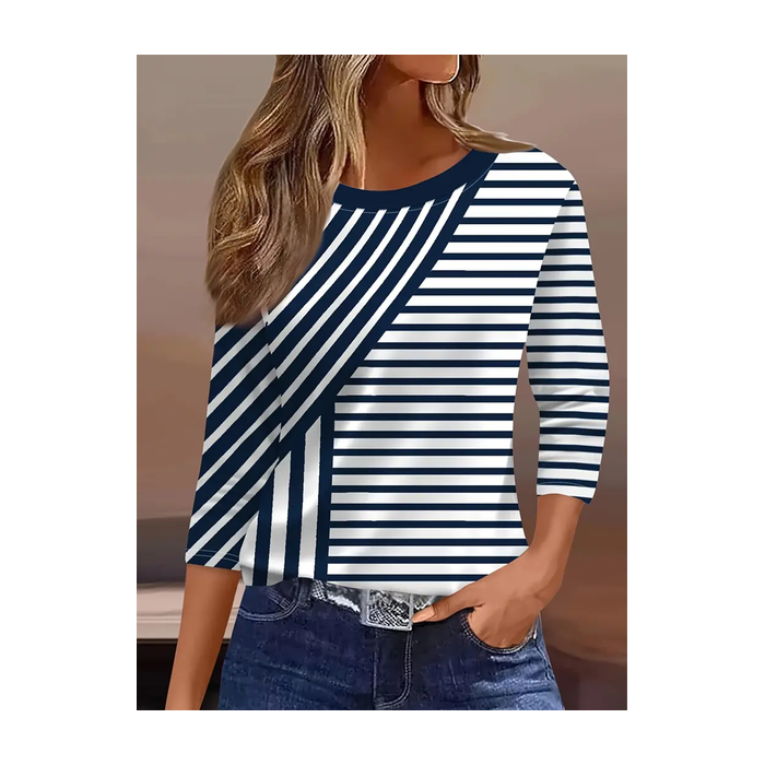 Women Striped Three Quarter Sleeve Tee T-shirt Crew Neck Casual Spring/Fall Graphic Tee Top