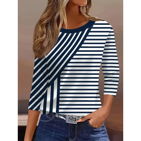Women Striped Three Quarter Sleeve Tee T-shirt Crew Neck Casual Spring/Fall Graphic Tee Top