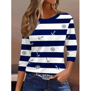 Women Striped Three Quarter Sleeve Tee T-shirt Crew Neck Casual Spring/Fall Graphic Tee Top
