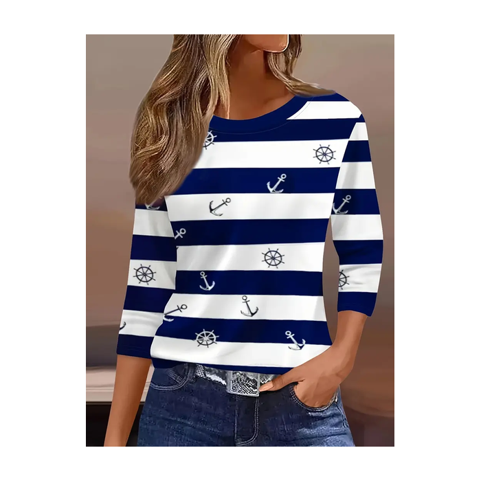 Women Striped Three Quarter Sleeve Tee T-shirt Crew Neck Casual Spring/Fall Graphic Tee Top