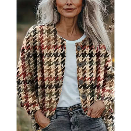 Women Houndstooth Printing Long Sleeve Crew Neck Vintage Spring/Fall Cardigan Outerwear