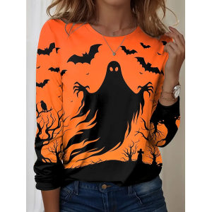 Women Halloween Long Sleeve Tee T-shirt Crew Neck Printing Casual Spring/Fall Graphic Tee Top
