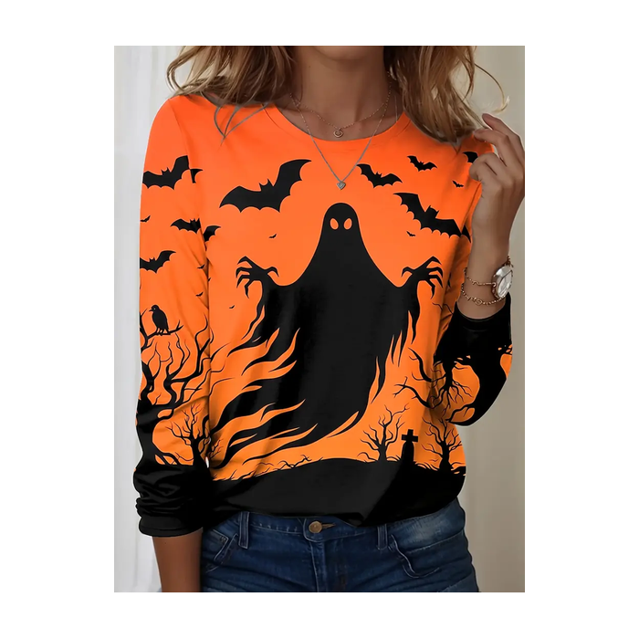 Women Halloween Long Sleeve Tee T-shirt Crew Neck Printing Casual Spring/Fall Graphic Tee Top