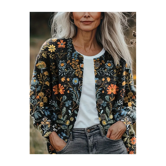 Women Floral Printing Long Sleeve Crew Neck Vintage Spring/Fall Cardigan Outerwear