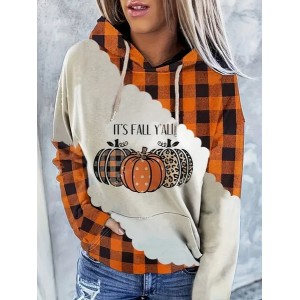 Women Plaid Spring/Fall Printing Long Sleeve Casual Daily Hoodie