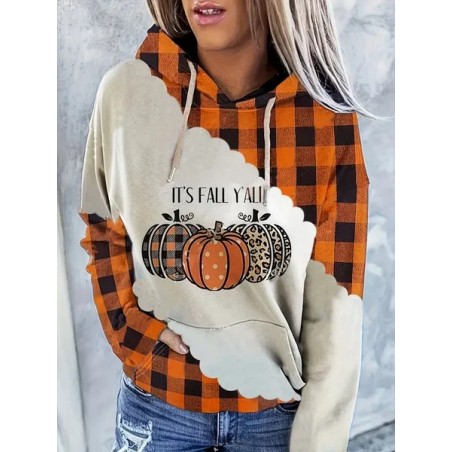 Women Plaid Spring/Fall Printing Long Sleeve Casual Daily Hoodie