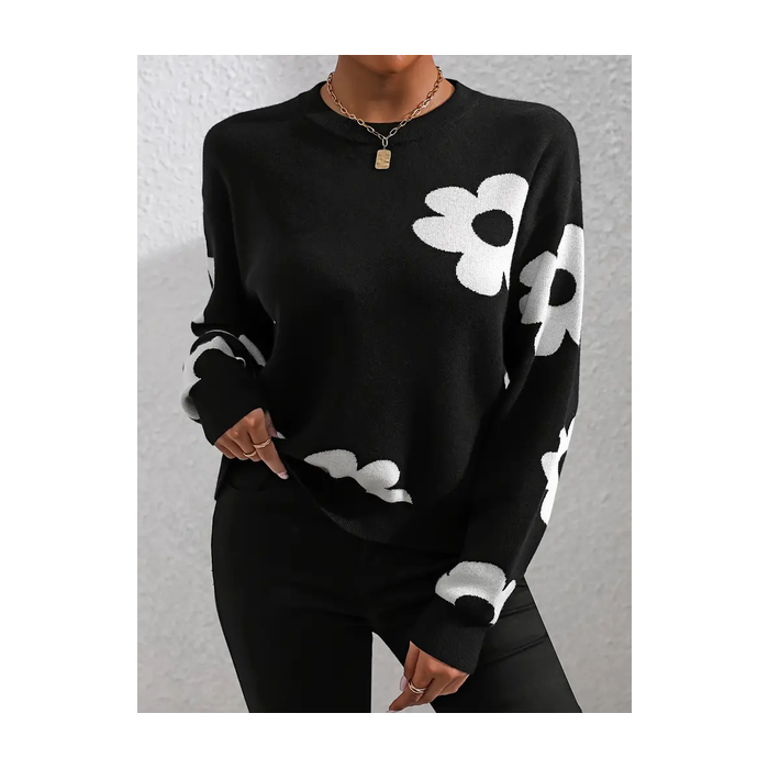 Women Floral Printing Spring/Fall Casual Long Sleeve Crew Neck Sweater