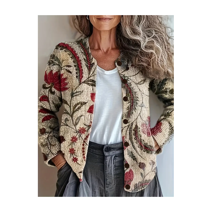 Women Floral Printing Long Sleeve Crew Neck Vintage Spring/Fall Cardigan Outerwear