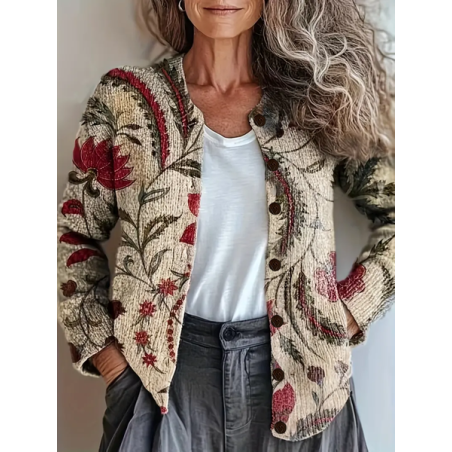 Women Floral Printing Long Sleeve Crew Neck Vintage Spring/Fall Cardigan Outerwear