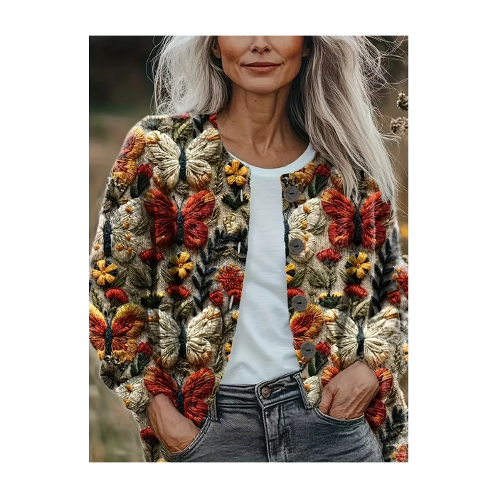 Women Floral Printing Long Sleeve Crew Neck Vintage Spring/Fall Cardigan Outerwear