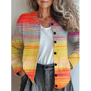 Women Abstract Printing Long Sleeve Crew Neck Vintage Spring/Fall Cardigan Outerwear