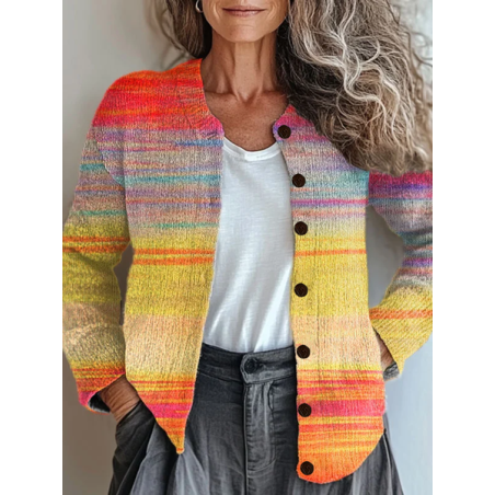 Women Abstract Printing Long Sleeve Crew Neck Vintage Spring/Fall Cardigan Outerwear