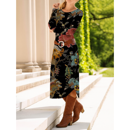 Women Floral Long Sleeve Spring/Fall Dress Crew Neck Daily Casual Midi T-Shirt Dress A-Line Dress