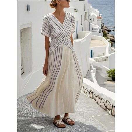 Women Striped Short Sleeve Summer Split Joint Dress V Neck Daily Vintage Maxi T-Shirt Dress A-Line Dress