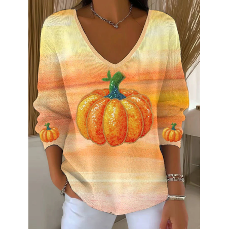 Women Halloween (pumpkin) Long Sleeve Tee T-shirt V Neck Printing Casual Spring/Fall Top