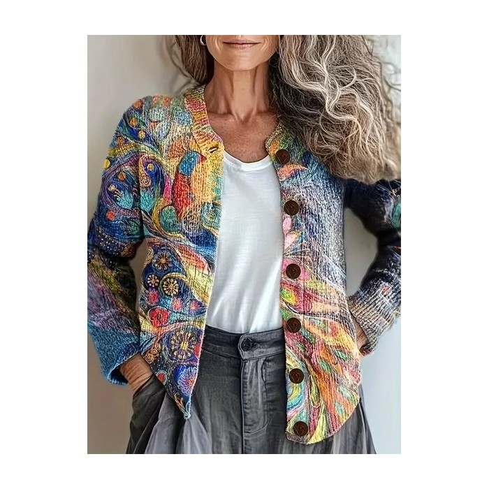 Women 3D Printing Casual Spring/Fall Knitted Cardigan