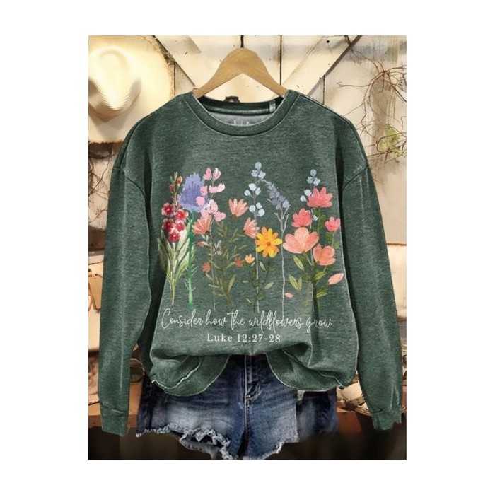 Women Floral Crew Neck Vintage Spring/Fall Long Sleeve Sweatshirt