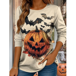 Women Halloween (pumpkin) Long Sleeve Tee T-shirt Crew Neck Printing Casual Spring/Fall Graphic Tee Top