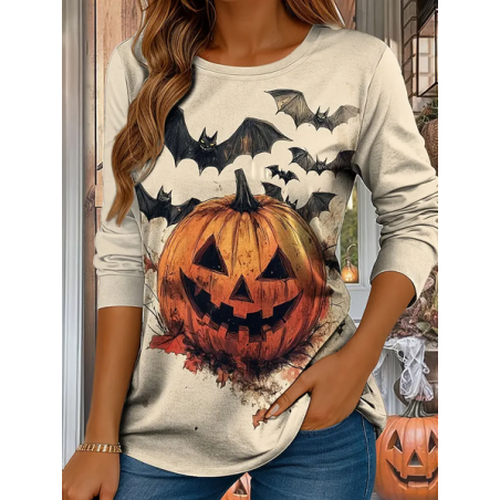 Women Halloween (pumpkin) Long Sleeve Tee T-shirt Crew Neck Printing Casual Spring/Fall Graphic Tee Top