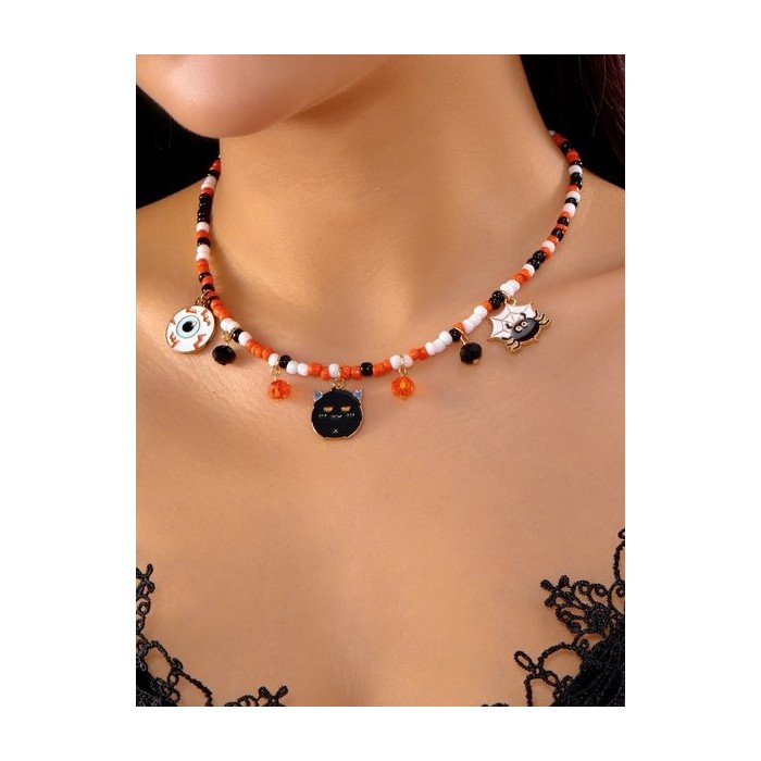 Halloween Necklace Funny Pumpkin Ghost Cat Pendant Horror Contrast Color Rice Bead Necklace Clavicle Chain