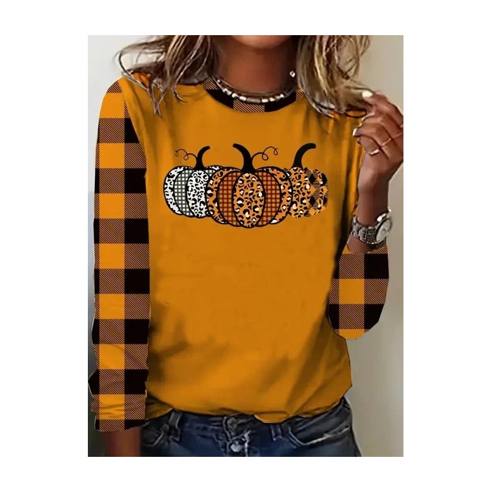Women Plaid Long Sleeve Tee T-shirt Crew Neck Printing Casual Spring/Fall Graphic Tee Top