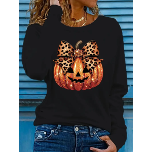 Women Halloween (pumpkin) Long Sleeve Tee T-shirt Crew Neck Printing Casual Spring/Fall Graphic Tee Top