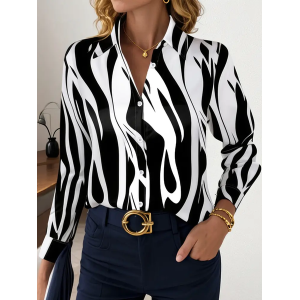 Women Abstract Long Sleeve Shirt Spring/Fall Buckle Shirt Collar Regular Sleeve Daily Casual Top