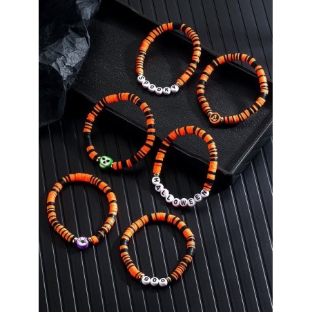 Hot Selling Orange Rice Beads Crystal Metal-plated Polymer Clay Pumpkin Skull Pendant Halloween Beaded Bracelet