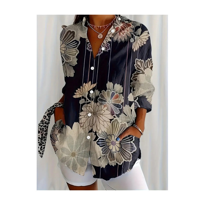 Women Floral Long Sleeve Shirt Spring/Fall Buckle Shirt Collar Regular Sleeve Daily Casual Top