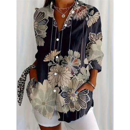 Women Floral Long Sleeve Shirt Spring/Fall Buckle Shirt Collar Regular Sleeve Daily Casual Top