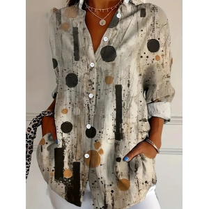 Women Abstract Long Sleeve Shirt Spring/Fall Buckle Shirt Collar Regular Sleeve Daily Casual Top