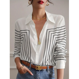 Women Abstract Long Sleeve Shirt Spring/Fall Buckle Shirt Collar Regular Sleeve Daily Casual Top