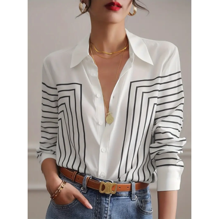 Women Abstract Long Sleeve Shirt Spring/Fall Buckle Shirt Collar Regular Sleeve Daily Casual Top