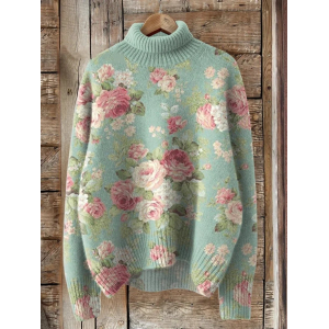 Women Floral Printing Spring/Fall Vintage Long Sleeve Turtleneck Sweater