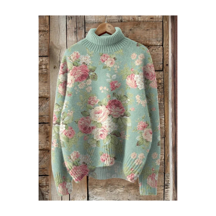 Women Floral Printing Spring/Fall Vintage Long Sleeve Turtleneck Sweater
