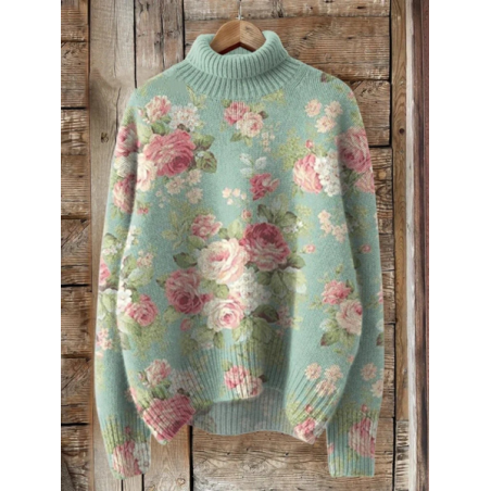 Women Floral Printing Spring/Fall Vintage Long Sleeve Turtleneck Sweater