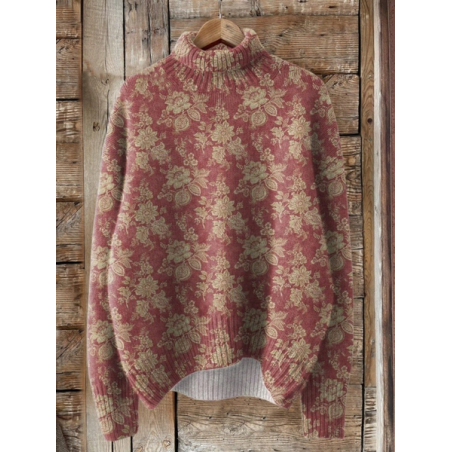 Women Floral Printing Spring/Fall Vintage Long Sleeve Turtleneck Sweater