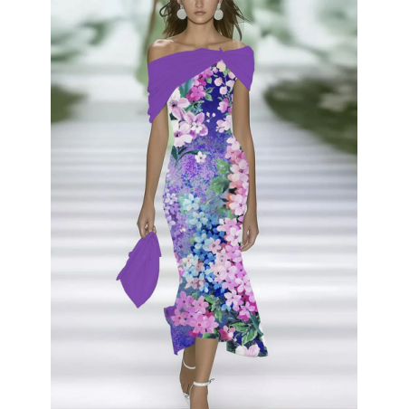 Women Floral Cap Sleeve Summer Printing Dress Cold Shoulder Daily Vintage Maxi H-Line Dress