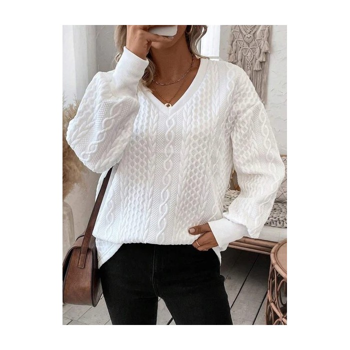 Women Geometric V Neck Jacquard Vintage Spring/Fall Long Sleeve Sweatshirt