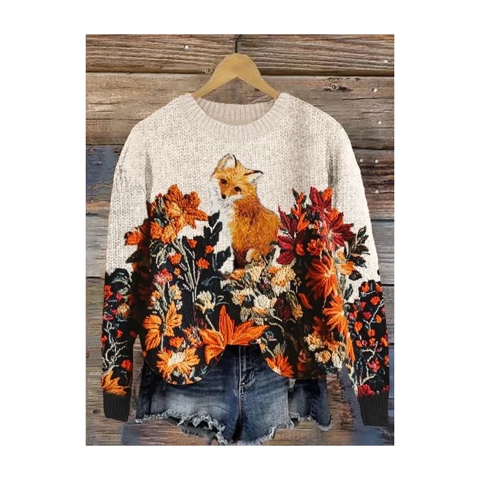 Women Floral Printing Spring/Fall Casual Long Sleeve Crew Neck Knitted Sweater