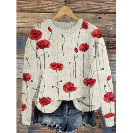 Women Floral Printing Spring/Fall Casual Long Sleeve Crew Neck Knitted Sweater