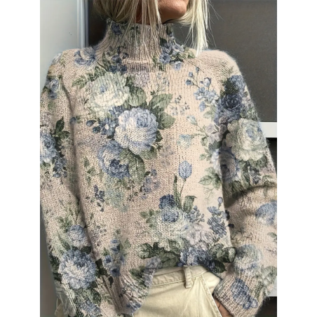 Women Floral Printing Spring/Fall Vintage Long Sleeve Turtleneck Sweater
