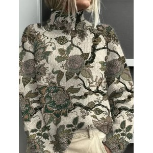 Women Floral Printing Spring/Fall Vintage Long Sleeve Turtleneck Sweater