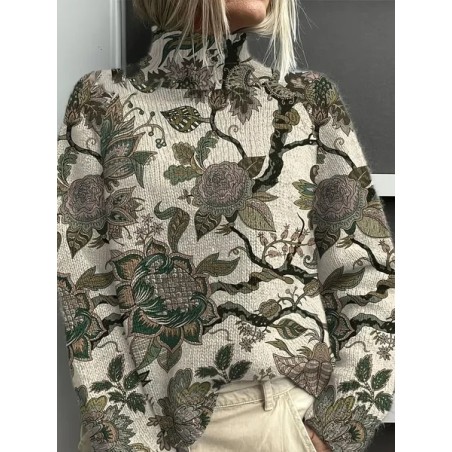 Women Floral Printing Spring/Fall Vintage Long Sleeve Turtleneck Sweater