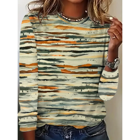 Women Abstract Long Sleeve Tee T-shirt Crew Neck Printing Casual Spring/Fall Graphic Tee Top