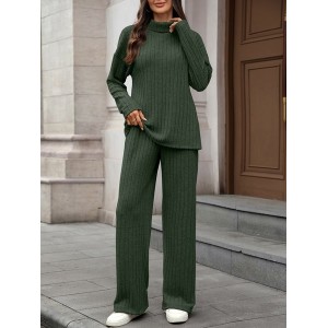 Women Plain Split Joint Two-Piece Set Daily Long Sleeve Casual Spring/Fall Top With Pants Matching Set