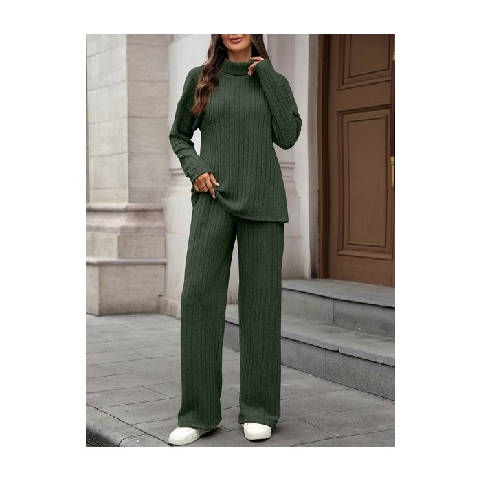 Women Plain Split Joint Two-Piece Set Daily Long Sleeve Casual Spring/Fall Top With Pants Matching Set